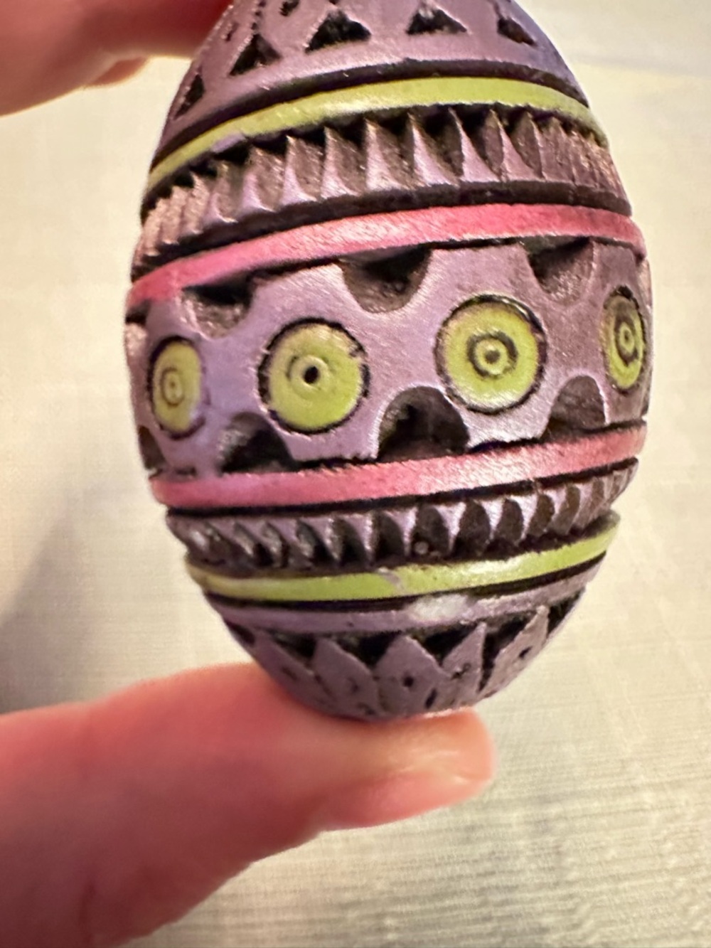 Carved Resin Egg Purple Green Boho Decor Hand Painted - Picture 4 of 6